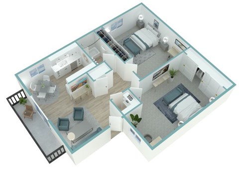 A 3D floor plan of a house with multiple rooms and furniture.